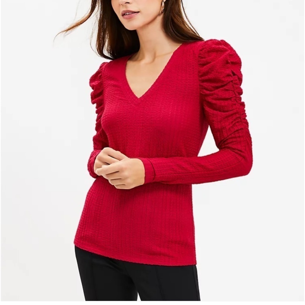 Loft Shirred Puff Sleeve textured Top raspberry pink women’s XS